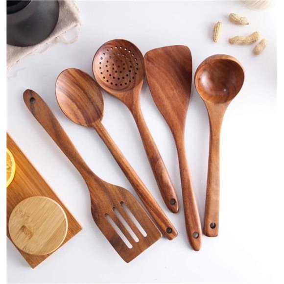 Wooden Spoons for Cooking, Tmkit Cooking Utensils Set of 6 Natural Teak Wooden - Picture 5 of 6